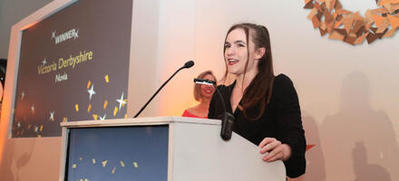 Victoria Derbyshire, young woman in black suit, speaking at the International Quality Awards 2022 event Victoria Derbyshire, young woman in black suit, speaking at the International Quality Awards 2022 event
