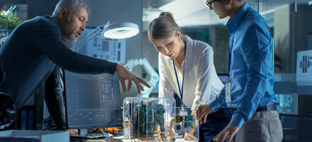 Three people working together problem-solving in an office